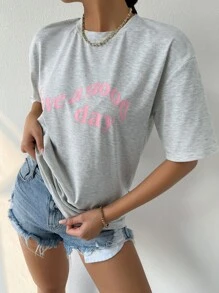 SHEIN Unity Slogan Graphic Drop Shoulder Tee Graphic Tees Women Tops - Light Grey - View 4