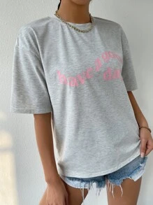 SHEIN Unity Slogan Graphic Drop Shoulder Tee Graphic Tees Women Tops - Light Grey - View 6