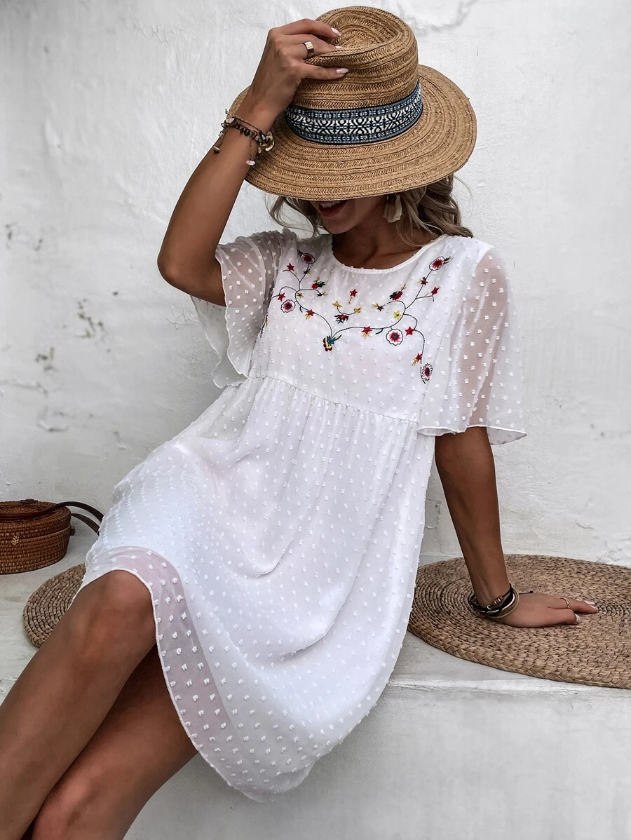 Đầm Nghề thêu Hoa Boho - trắng - Xem 1