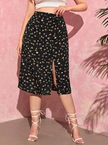 SHEIN VCAY 大碼高腰碎花高衩半身裙 - 黑色 - 查看 1