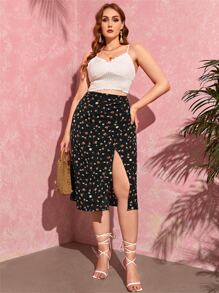 SHEIN VCAY 大碼高腰碎花高衩半身裙 - 黑色 - 查看 4