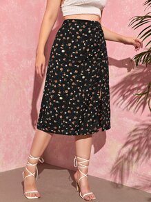 SHEIN VCAY 大碼高腰碎花高衩半身裙 - 黑色 - 查看 5