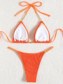 SHEIN Swim Conjunto de bikini texturizado Sujetador de micro triángulo con cuello halter y bottom de tanga Traje de baño de 2 piezas - Naranja - Ver 2