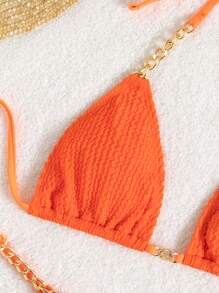 SHEIN Swim Conjunto de bikini texturizado Sujetador de micro triángulo con cuello halter y bottom de tanga Traje de baño de 2 piezas - Naranja - Ver 3
