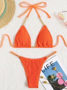 SHEIN Swim Conjunto de bikini texturizado Sujetador de micro triángulo con cuello halter y bottom de tanga Traje de baño de 2 piezas - Naranja - Ver 4