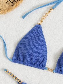 SHEIN Swim 紋理質感比基尼套裝鏈條鏈接吊脖微三角形文胸和丁字褲下裝2入組泳衣 - 藍色 - 查看 3