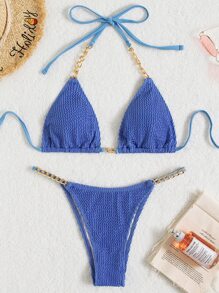 SHEIN Swim 紋理質感比基尼套裝鏈條鏈接吊脖微三角形文胸和丁字褲下裝2入組泳衣 - 藍色 - 查看 4
