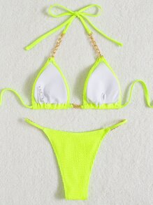 Chain Linked Textured Chain Linked Bikini, For Summer Beach Vacation - Lime Green - View 2
