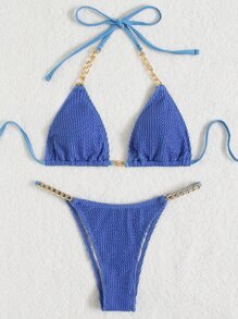 SHEIN Swim 紋理質感比基尼套裝鏈條鏈接吊脖微三角形文胸和丁字褲下裝2入組泳衣 - 藍色 - 查看 5