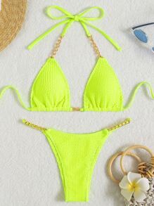 Chain Linked Textured Chain Linked Bikini, For Summer Beach Vacation - Lime Green - View 3