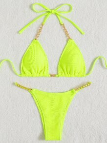 Chain Linked Textured Chain Linked Bikini, For Summer Beach Vacation - Lime Green - View 5