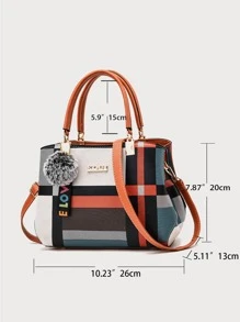 Yogodlns Colourblock Plaid Tote Bag With Pom Pom Charm - Multicolor - View 6