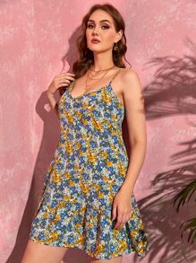 SHEIN 大碼小碎花荷葉邊吊帶連衣裙 - 彩色 - 查看 1