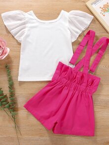SHEIN Toddler Girls Flutter Sleeve Tee & Ruffle Trim Pinafore Shorts - Multicolor - View 2