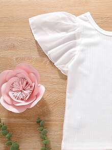 SHEIN Toddler Girls Flutter Sleeve Tee & Ruffle Trim Pinafore Shorts - Multicolor - View 3