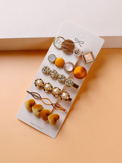 6个心形和圆形装饰发夹，皇家情人节，发饰，发卡，发爪，发饰，学习用品，珍珠发饰