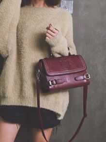 1 件勃艮第复古时尚拼色手提包，带翻盖，拉链开合，皮革肩带，适合日常使用、通勤、单肩包/斜挎包，时尚勃艮第包 - 紅色 - 查看 5