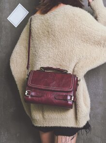1 件勃艮第复古时尚拼色手提包，带翻盖，拉链开合，皮革肩带，适合日常使用、通勤、单肩包/斜挎包，时尚勃艮第包 - 紅色 - 查看 6