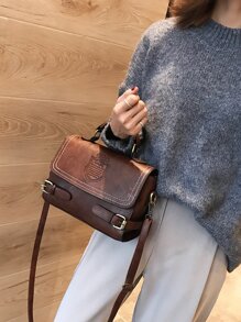1 件复古时尚拼色手提包带翻盖，拉链开合，缝合皮革腰带，肩带，适合日常通勤，咖啡棕色 - 咖啡棕 - 查看 3