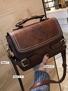 1 件复古时尚拼色手提包带翻盖，拉链开合，缝合皮革腰带，肩带，适合日常通勤，咖啡棕色 - 咖啡棕 - 查看 4