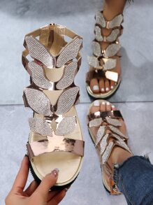 女士水鑽裝飾後拉鏈羅馬度假戶外平底涼鞋 - 金色 - 查看 1