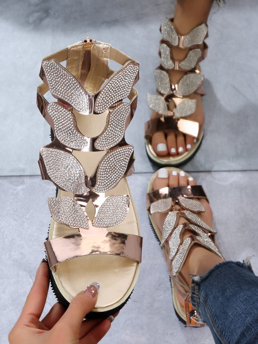 女士水鑽裝飾後拉鏈羅馬度假戶外平底涼鞋 - 金色 - 查看 1