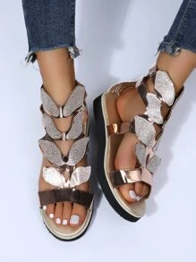 女士水鑽裝飾後拉鏈羅馬度假戶外平底涼鞋 - 金色 - 查看 2