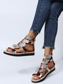 女士水鑽裝飾後拉鏈羅馬度假戶外平底涼鞋 - 金色 - 查看 3