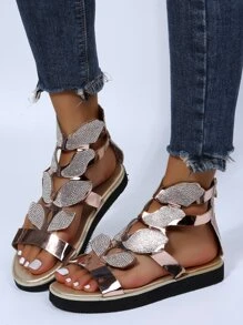 女士水鑽裝飾後拉鏈羅馬度假戶外平底涼鞋 - 金色 - 查看 5