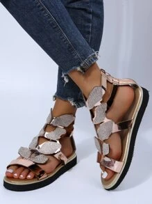 女士水鑽裝飾後拉鏈羅馬度假戶外平底涼鞋 - 金色 - 查看 6