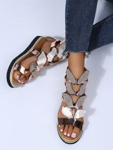 女士水鑽裝飾後拉鏈羅馬度假戶外平底涼鞋 - 金色 - 查看 7