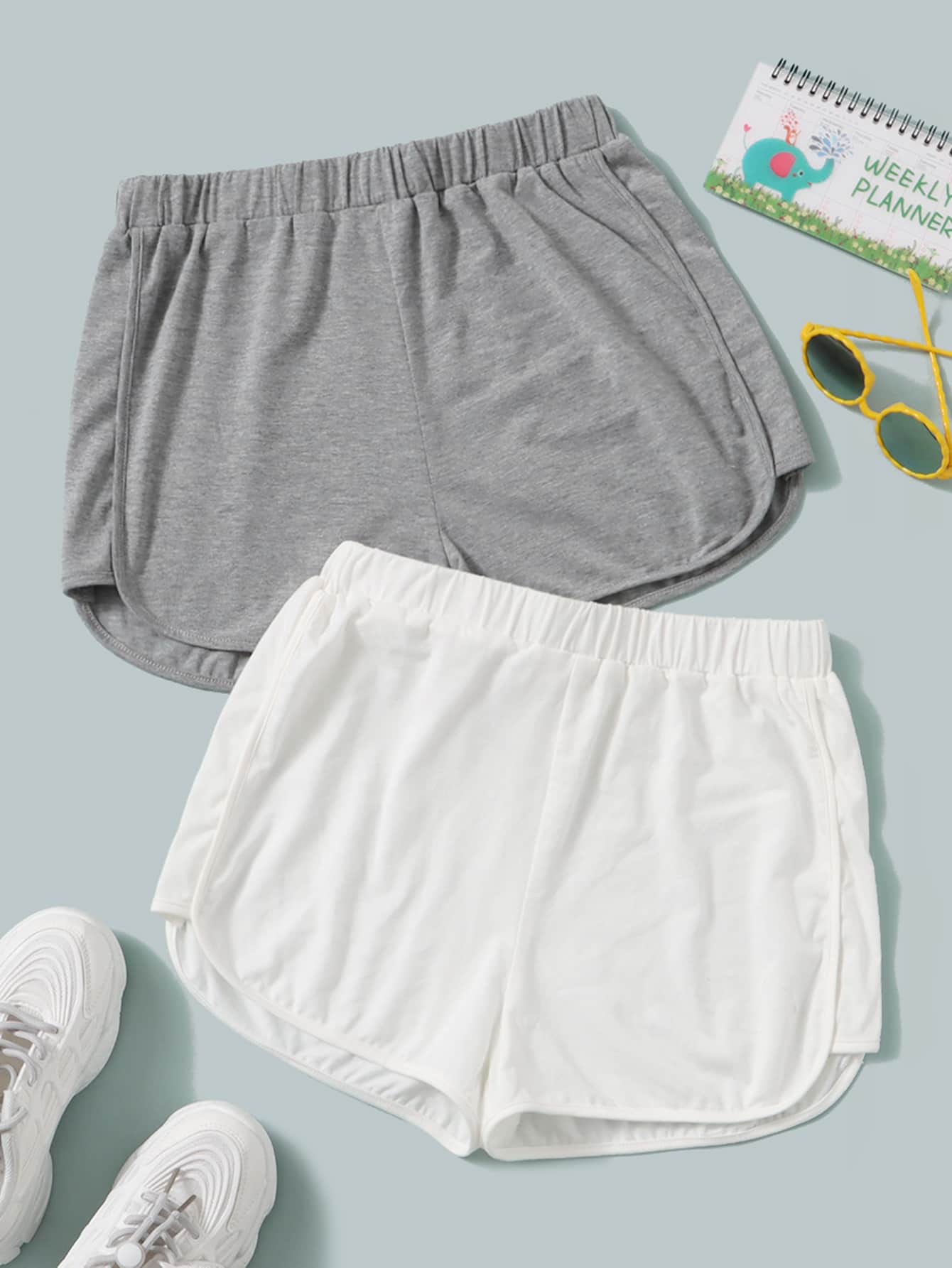 SHEIN 青少年女孩2入組彈性腰帶運動短褲 - 彩色 - 查看 1