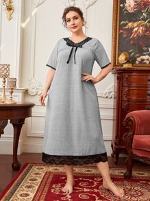 大碼蕾絲拼接貝殼邊前蝴蝶結睡裙 - 灰色 - 查看 1