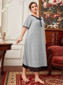 大碼蕾絲拼接貝殼邊前蝴蝶結睡裙 - 灰色 - 查看 3