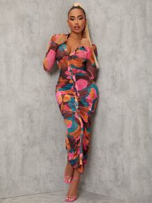 EURMUSE Allover Print Ruched Bodycon Dress - Multicolor - View 1