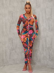 EURMUSE Allover Print Ruched Bodycon Dress - Multicolor - View 4