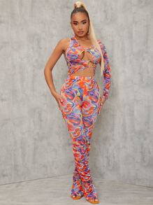 SHEIN SXY 不規則肩金屬圓環前鏤空大理石圖案上衣 - 彩色 - 查看 1