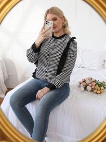 大碼千鳥格荷葉邊襯衫 - 黑與白 - 查看 3