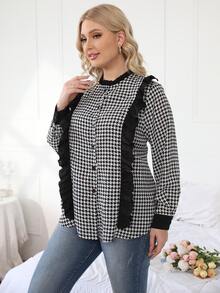 大碼千鳥格荷葉邊襯衫 - 黑與白 - 查看 4