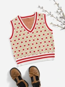 SHEIN Girls Heart Pattern Striped Knit Top - Multicolor - View 1