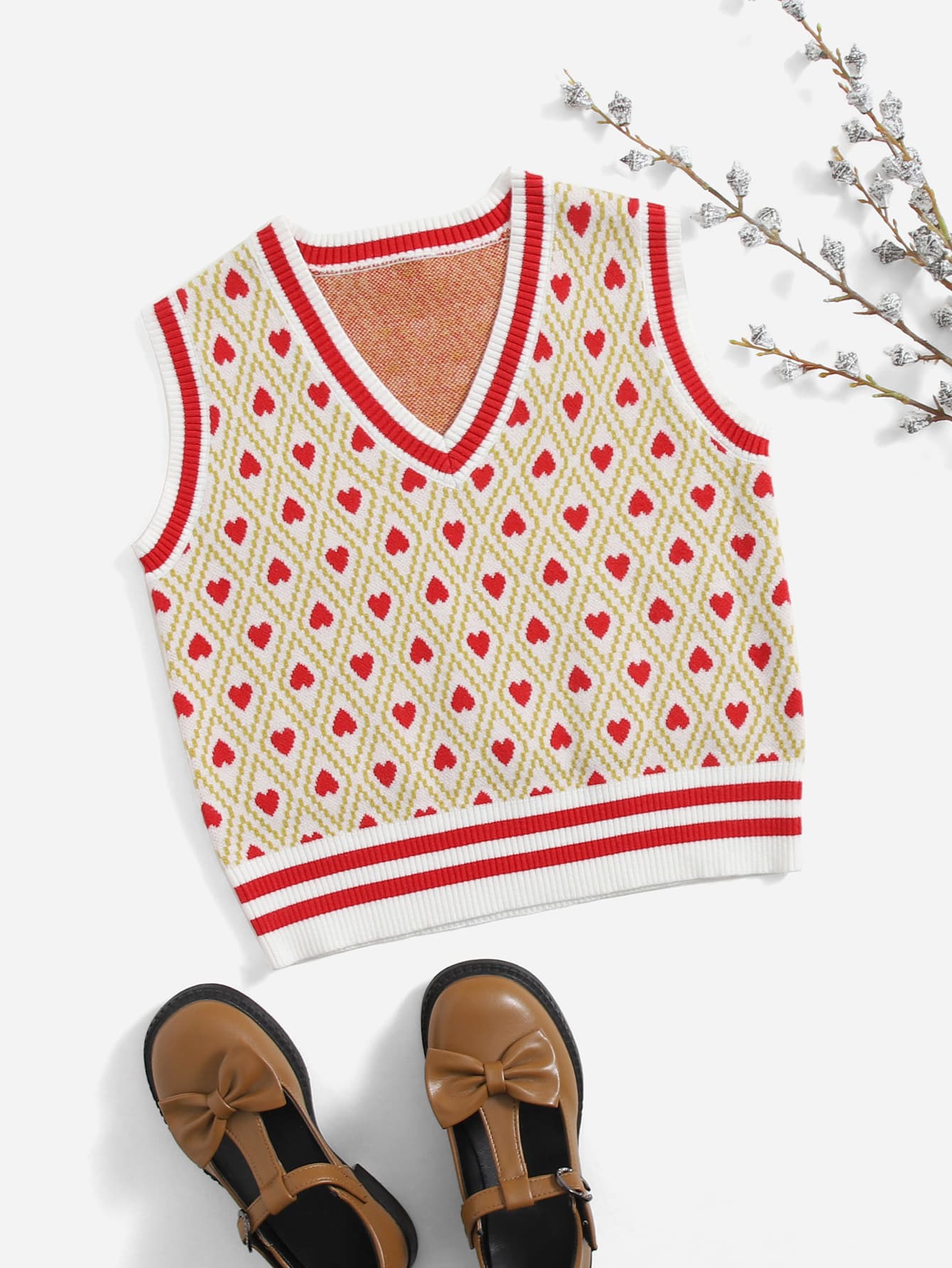 SHEIN Girls Heart Pattern Striped Knit Top - Multicolor - View 1