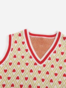 SHEIN Girls Heart Pattern Striped Knit Top - Multicolor - View 3