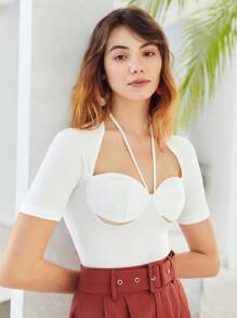 SHEIN Peekaboo Front Halter Bodysuit - White - View 4