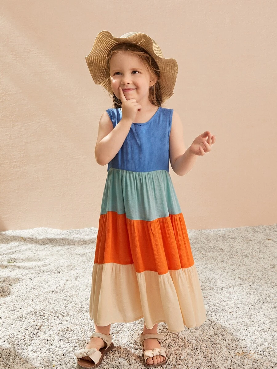 SHEIN Toddler Girls Colourblock Ruffle Hem Dress - Multicolor - View 1
