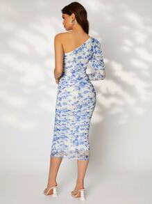 Modelyn Floral Print One Shoulder Ruched Dress - Blue and White - View 2