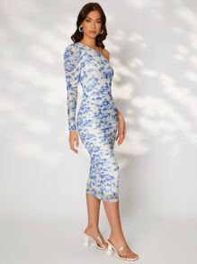 Modelyn Floral Print One Shoulder Ruched Dress - Blue and White - View 5