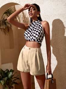 高腰拼接細節反摺褲腳短褲 - 杏色 - 查看 5