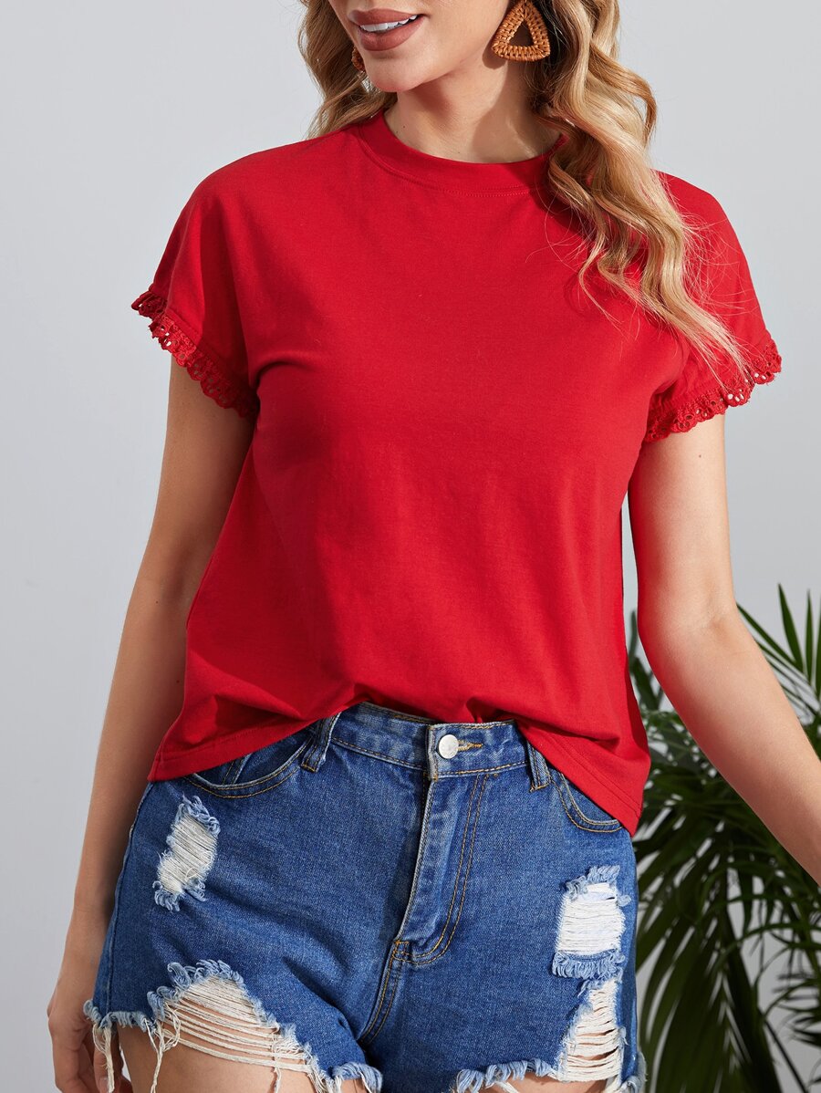 SHEIN Clasi Camiseta unicolor ribete con encaje - Rojo - Ver 1