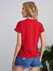 SHEIN Clasi Camiseta unicolor ribete con encaje - Rojo - Ver 2