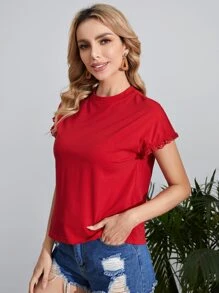 SHEIN Clasi Camiseta unicolor ribete con encaje - Rojo - Ver 4